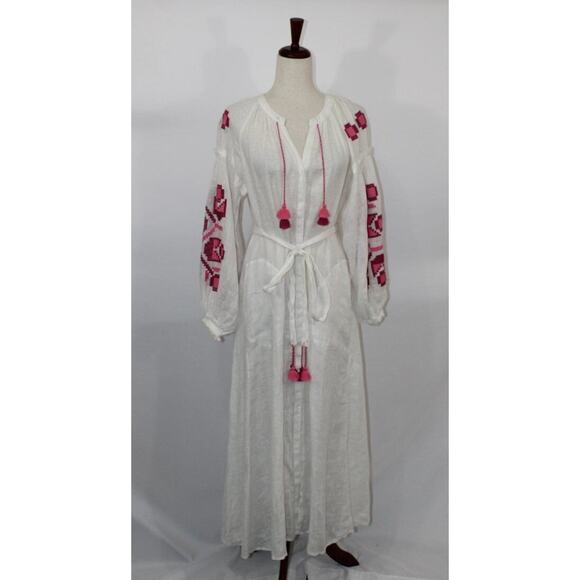 ELEVEN March 11 Sz XS Ivory Linen Pink Embroidered Belted Midi Dress - Picture 1 of 9